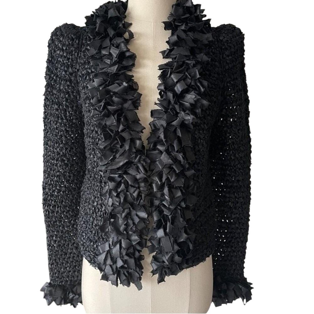 1980s Estelle Gracer Popcorn Knit Cardigan Women Black Shredded Ribbon Trim